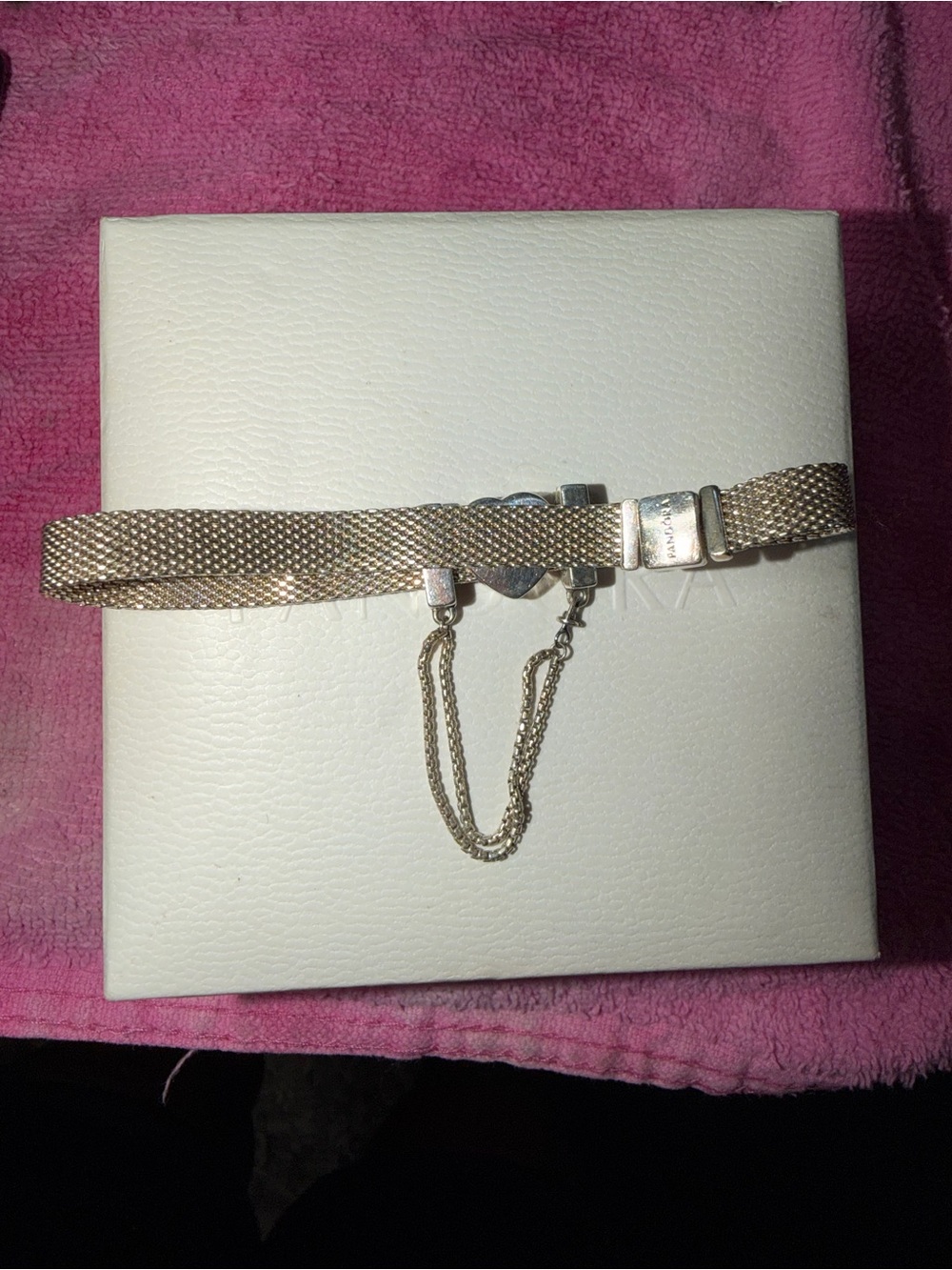 Pandora Silver Heart Mesh Bracelet with Double Safety Chain - Picture 2 of 3